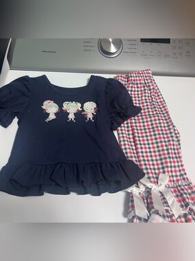 Navy Girls' Ruffle Top & Red Plaid Pants Matching Set